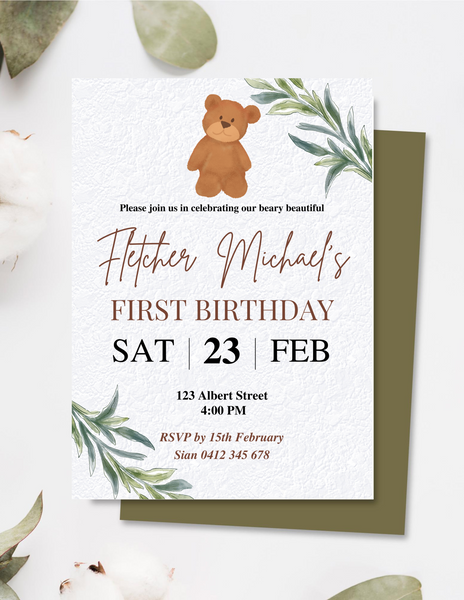 First Birthday Brown Bear Invitation Design (DIGITAL FILE ONLY)